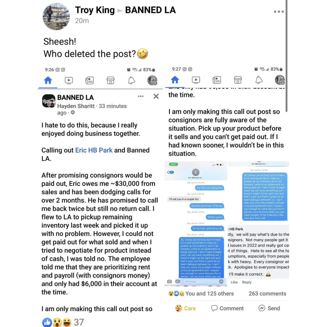 banned la owes consigners facebook post