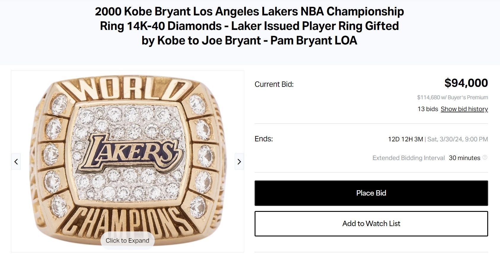 2000 Kobe Bryant Los Angeles Lakers NBA Championship Ring 14K-40 Diamonds